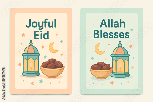 Eid Celebration Banners. Eid Celebration. Two vertical A6 banners with safe margins, centered composition, no elements touching edges, pastel, coral and teal,