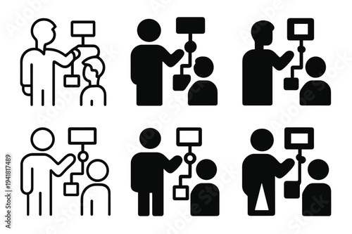 Consultant Logo Variations. A consultant helping a small business improve its operations. Icon set. Set Logo of A consultant helping a small business improve