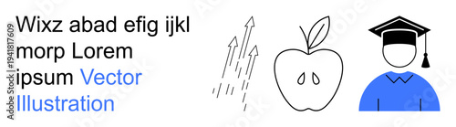 Education, knowledge, health, progress, nutrition, achievement. A graduate cap, apple and arrows growth and learning. Education and knowledge concepts visually