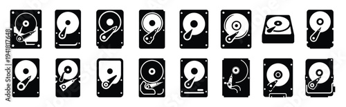 hard drive technology web icon set in silhouette style.