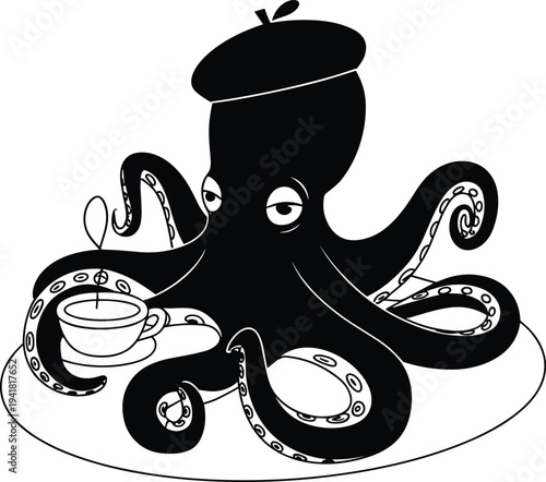Black octopus wearing beret sitting with tea cup saucer