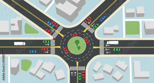 Aerial View of a Busy Traffic Roundabout Intersection.