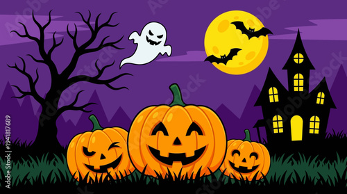 Spooky Halloween Night Landscape with Jack-O'-Lanterns, Ghost, Bats and Haunted House Illustration