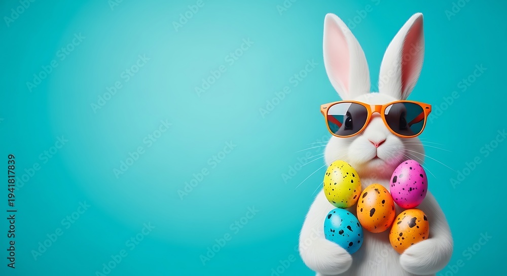 Fototapeta premium Easter bunny wearing sunglasses with colorful eggs