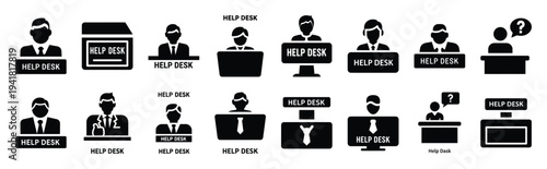 help desk technology web icon set in silhouette style.