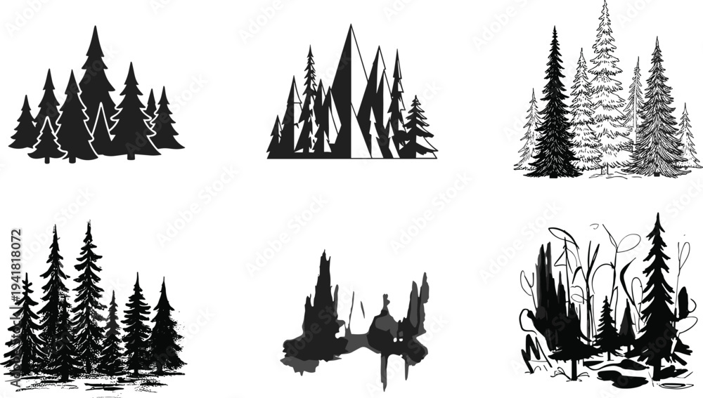 Fototapeta premium Set of black pine forest silhouettes in mixed artistic styles, isolated on white background, nature illustration collection for graphic design use