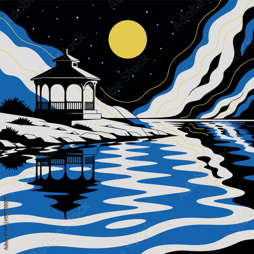 A minimalist vector illustration of a lakeside gazebo at night, with a bright full moon, starry sky, mountains, flowing clouds, and blue water reflecting the pavilion and moonlight in a calm landscape