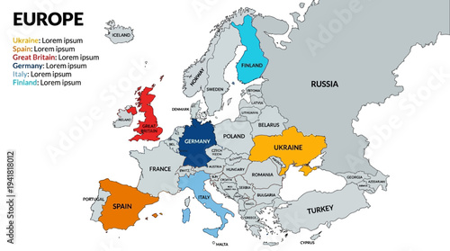 Europe Political Map Infographic Template with Highlighted Countries and Editable Text Legend for Geographic Data Presentation