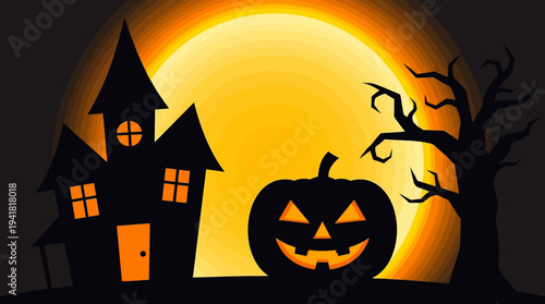 Spooky Halloween Landscape with Haunted House Silhouette Jack-O'-Lantern and Large Full Moon Illustration