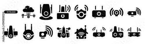 iot device technology web icon set in silhouette style.