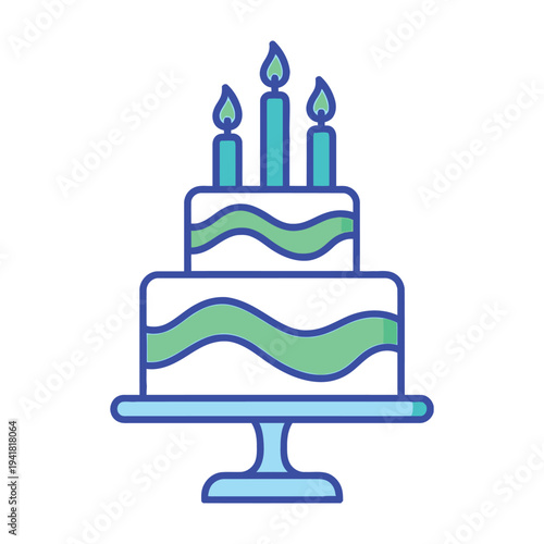 Two tier birthday cake with three candles on top green and blue decorations
