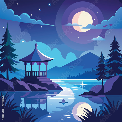 A minimalist vector illustration of a lakeside gazebo at night, with a bright full moon, starry sky, mountains, flowing clouds, and blue water reflecting the pavilion and moonlight in a calm landscape