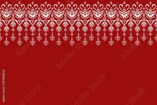 Red and white pixel border with hanging heart motifs and vertical ornamental chains arranged along the upper edge. Decorative horizontal trim above a wide red negative space for textile layout use.