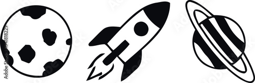 Space exploration with rocket ship traveling to moon and ringed planet