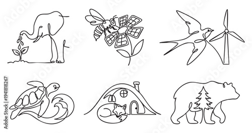 One line art collection of animals and green energy concepts with elephant turtle bear and solar flower on a transparent background.