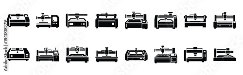 laser cutter technology web icon set in silhouette style.
