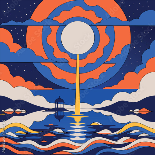 A minimalist vector illustration of a lakeside gazebo at night, with a bright full moon, starry sky, mountains, flowing clouds, and blue water reflecting the pavilion and moonlight in a calm landscape