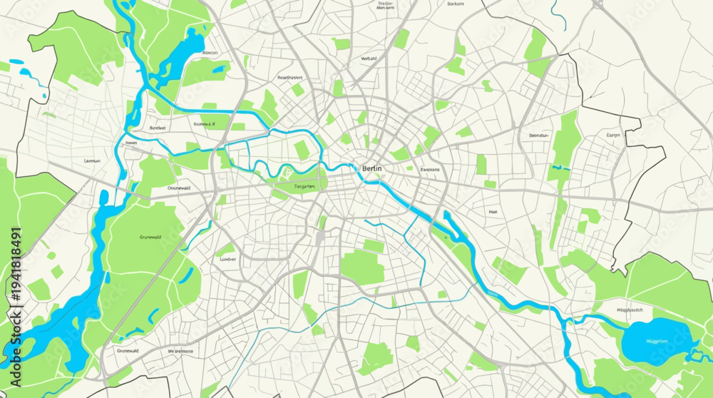 Obraz premium Abstract Stylized City Map of Berlin Germany Featuring Urban Layout with Parks Rivers and Streets, Minimalist Modern Cartography for Travel and Business Concept