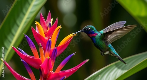 Vibrant hummingbird sips nectar from colorful tropical flower
