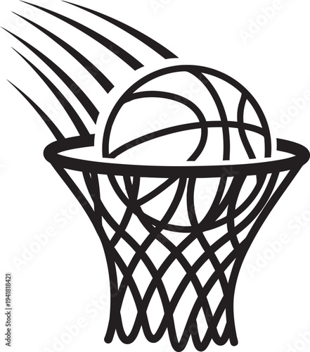Basketball Swishing Through Net Silhouette Motion Lines Sports Action Game Score
