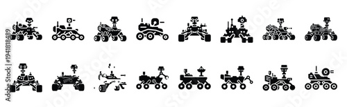 mars rover technology web icon set in silhouette style.