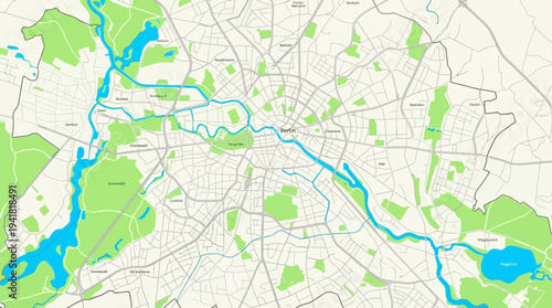 Abstract Stylized City Map of Berlin Germany Featuring Urban Layout with Parks Rivers and Streets, Minimalist Modern Cartography for Travel and Business Concept