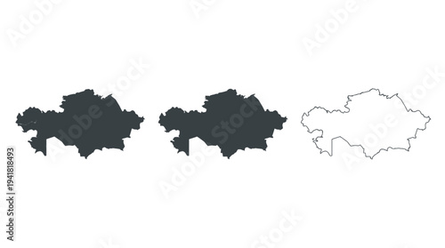 Kazakhstan Map Set including Administrative Divisions, Solid Silhouette, and Outline Borders Isolated on White