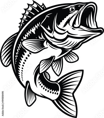Bass Fish Silhouette Jumping Out of Water Fishing Sport Concept