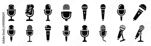 microphone audio technology web icon set in silhouette style.