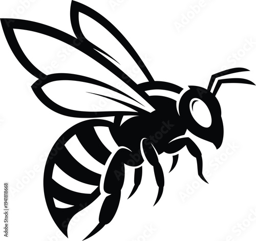 Black Silhouette of a Flying Bee with Wings Extended and Detailed Body Isolated on White Background