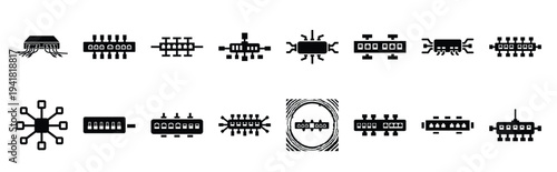 network hub technology web icon set in silhouette style.
