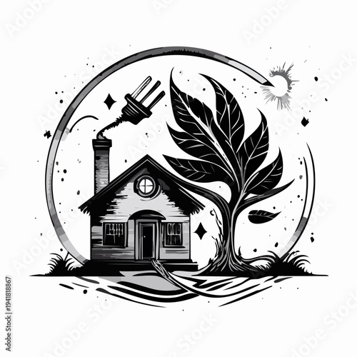 Eco friendly house with leafy tree.