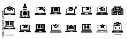online course technology web icon set in silhouette style.