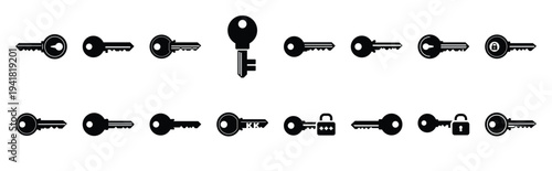password key technology web icon set in silhouette style.
