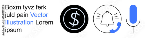 Finance, notifications, communication, sound recording, app design, digital tools. Dollar sign, bell with a phone and microphone icons in bold and outlined styles. Finance and notifications concepts