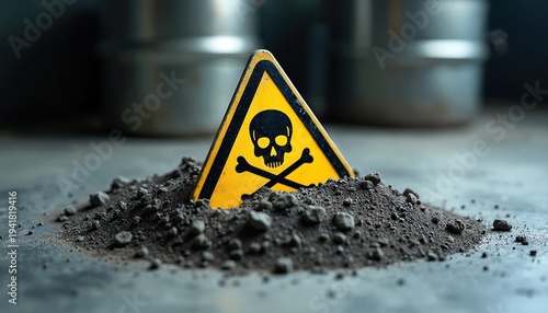 Toxic substance warning sign emerges from contaminated soil. Skull and crossbones symbol indicates danger. Hazardous material hazard requires caution and safety measures.