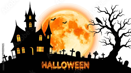 Halloween Spooky Haunted House Silhouette with Orange Full Moon, Graveyard and Bats on White Background