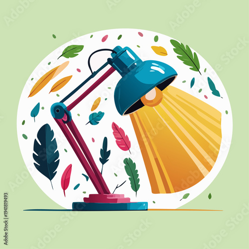 Colorful desk lamp with light on.