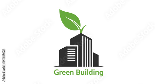 A green building logo design featuring a leaf sprouting from a city skyscraper silhouette.