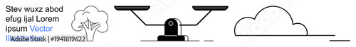 Sustainability, environmental balance, equality, decision-making, nature conservation, justice. A balance scale flanked by a tree and a cloud. Sustainability and environmental balance concept