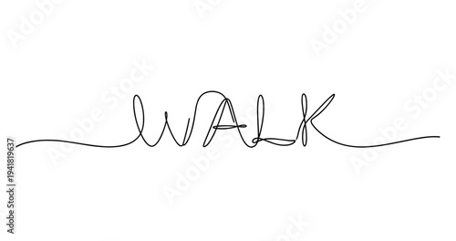 Minimalist continuous line drawing spelling 'walk' in black. No editable strokes