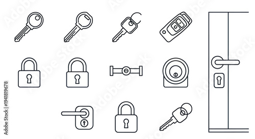 Collection of Black and White Line Art Keys Locks and Door.