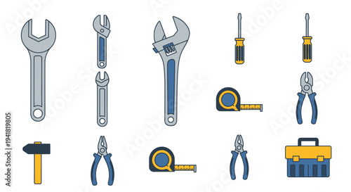 Assortment of Hand Tools: Wrenches Screwdrivers Pliers Hammer Tape Measure and Toolbox.