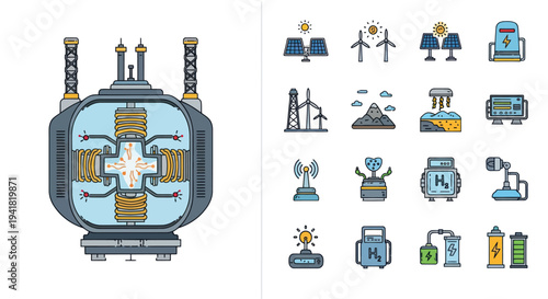 A colorful line art icon set of renewable alternative and nuclear energy sources and power technology.