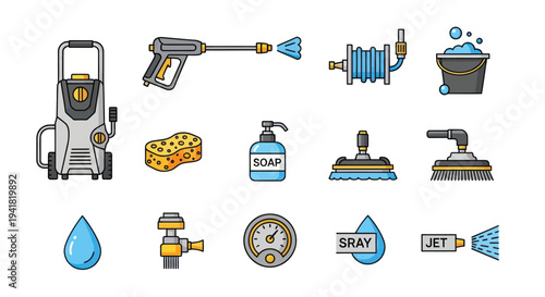 Collection of High-Pressure Washer and Cleaning Equipment Icons.
