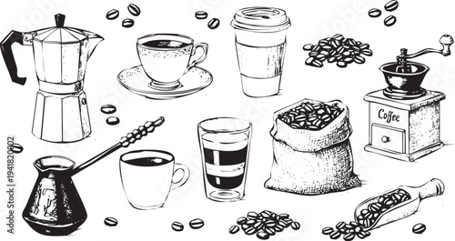 Coffee Making and Drinking Essentials Collection Silhouette with Beans and Grinder