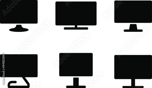 Computer monitor icon set, desktop display screen collection, modern PC monitor silhouettes, technology device symbols, isolated vector illustration