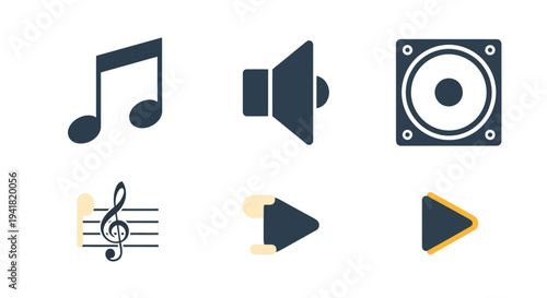 Collection of Music and Audio Icons: Notes Speaker and Play Button.