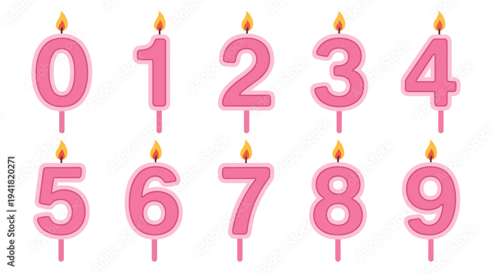 Fototapeta premium Pink Birthday Cake Number Candles Set from 0 to 9, Realistic Vector Illustration Isolated on White Background for Anniversary and Party Celebration