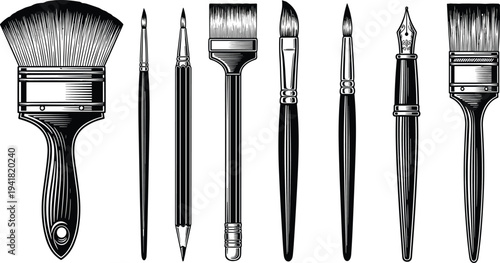 Detailed art tools silhouette illustration, brushes, pencil, fountain pen vector design for drawing, painting, creativity, artist supplies, studio equipment